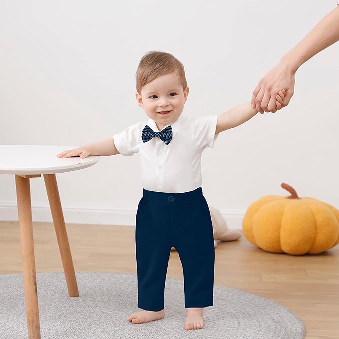 DISAUR Baby Boy Clothes Toddler Boy Outfits 4PCS Gentleman Dress Romper/Vest/Pants/Bow Tie Cotton Suit Sets