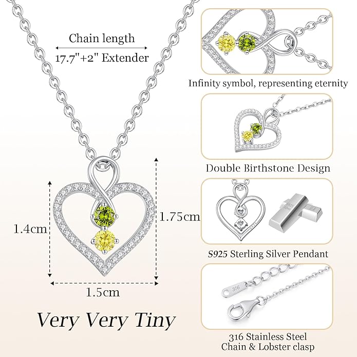 LOUISA SECRET Infinity Double Birthstone Necklace, 925 Sterling Silver Tiny Pendant Heart Necklace for Women Wife Her, Best Jewelry Gift Heart Jewelry Meaningful Gift for Valentine's Day, Christmas, Birthday Anniversary