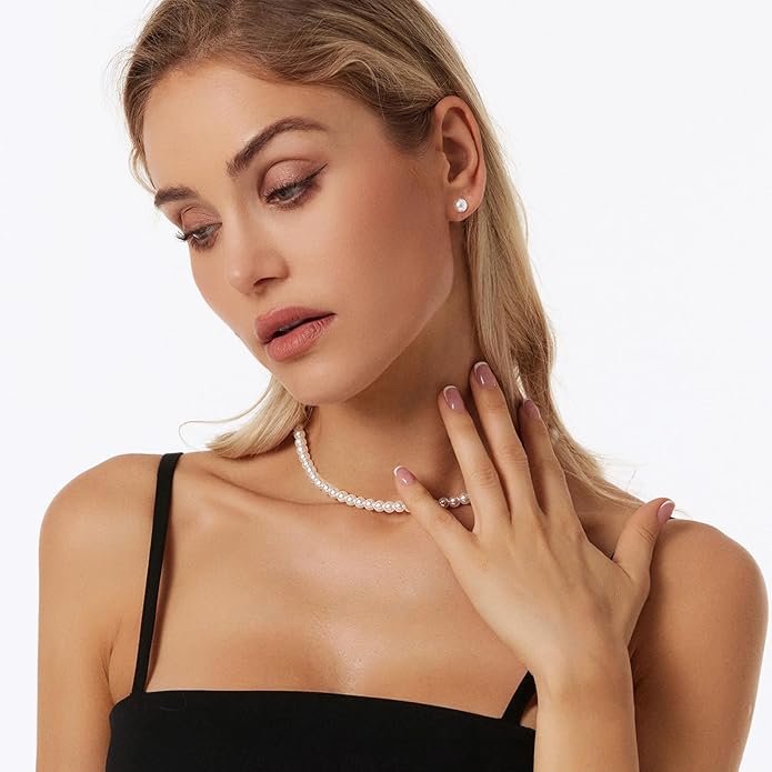 Zeffy Pearl Necklace 4MM/6MM/8MM Dainty Round Imitation Pearl Choker Necklace Wedding Pearl Necklace Delicate Jewelry for Women Simple Bridesmaid Jewelry Gifts