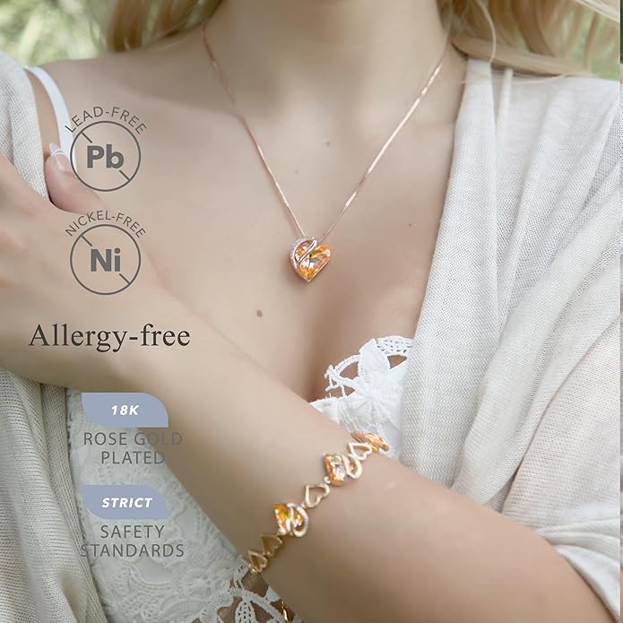 Leafael Rose Gold Plated Necklace for Women: Heart Shaped Birthstone/Healing Crystals Center, Dazzling Cubic Zirconia, Hypoallergenic Chain (18"+2"), Jewelry Gifts for Anniversaries and Birthdays