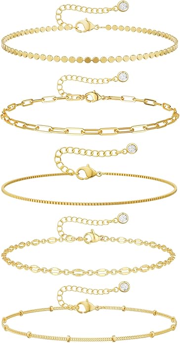 DEARMAY Dainty 14K Gold Plated Ankle Bracelets for Women, Waterproof 14K Gold Plated Link Chain Anklets Non Tarnish Set Pack Summer Beach Jewelry Gift
