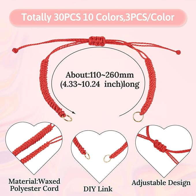 30Pcs Braided Adjustable Cord for Bracelet,Semi Finished Friendship Bracelet String,Waxed Polyester Cord Adjustable Bracelet Knot Rope Handmade Braid String for Jewelry Making DIY Craft