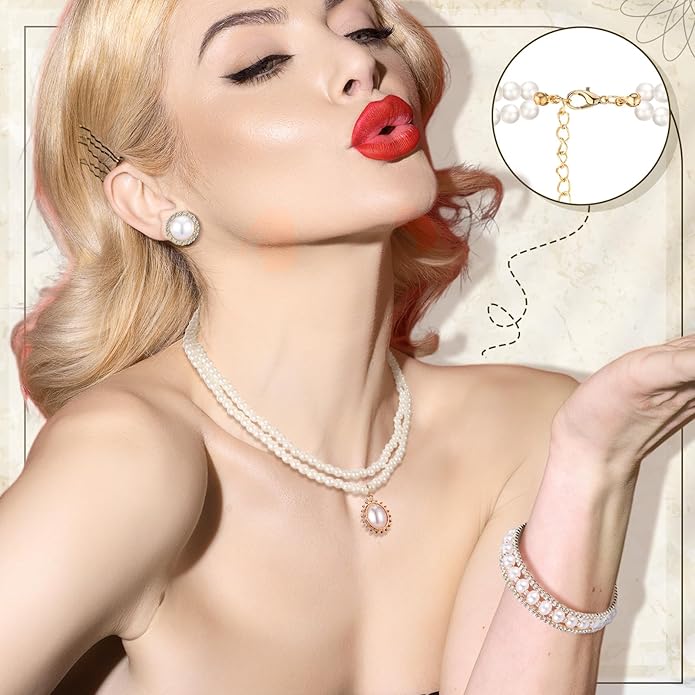 Glenmal Pearl Rhinestone Jewelry Set for Women Pearl Necklace Bracelet Earrings for Wedding Birthday Bridal Shower Tea Party