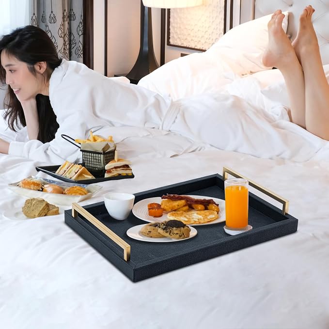 XIGEXIGE Black Faux Leather Serving Tray, 17x12 inches, Brushed Gold Handles - Image 6