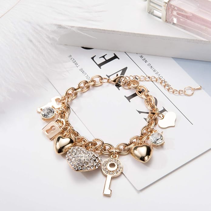 SILANER Gold Chain Link Bracelet - 7"+ 2" Extender 14K Gold Plated Love Locked Bracelets for Women, with Crystal, Love Heart,Key, Lock, Charm Bracelet