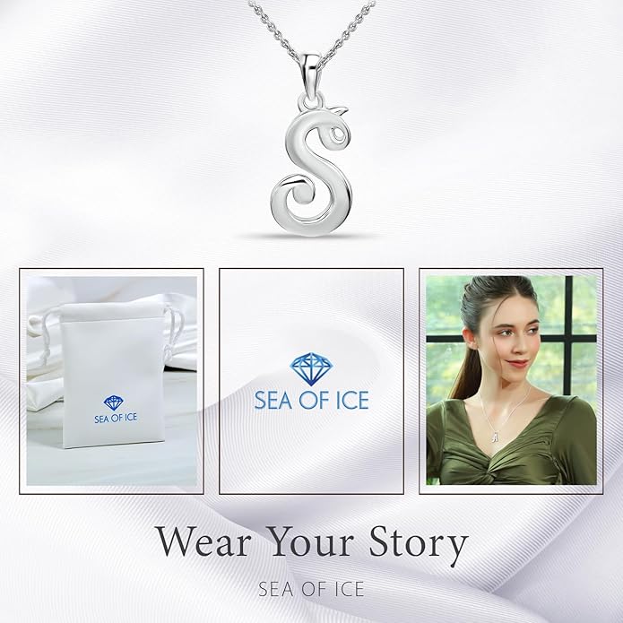 SEA OF ICE Letter Initial Necklace, Alphabet Letter Pendant Necklace, Sterling Silver, Gold, Rose Gold Necklace for Women, Elegant Initial Necklaces, Personalized Custom Women's Necklaces