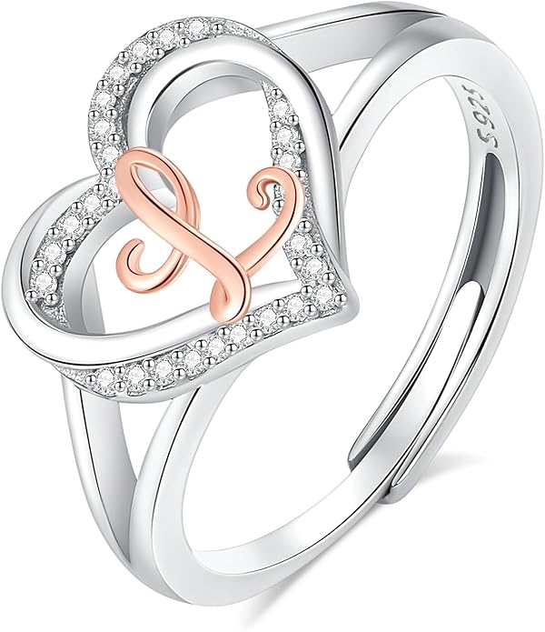 INFUSEU 925 Sterling Silver Initial Heart Ring for Women Girls, Adjustable Size