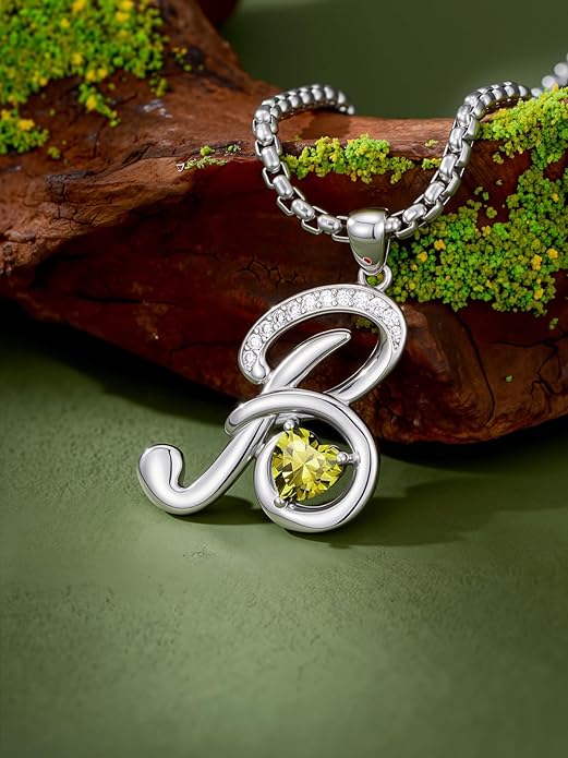 Valentines Day Gifts for Women Alphabet A to Z Initial Birthstone Pendant Necklaces for Women - 18k White Gold Plated Personalized Name Jewelry Valentine Mothers Day Birthday Gifts for Women Her Girlfriend
