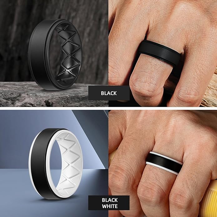 Egnaro Silicone Rings for Men 1/4/5/6/7 Multipack of Breathable Mens Silicone Rubber Wedding Rings Bands - Step Edge