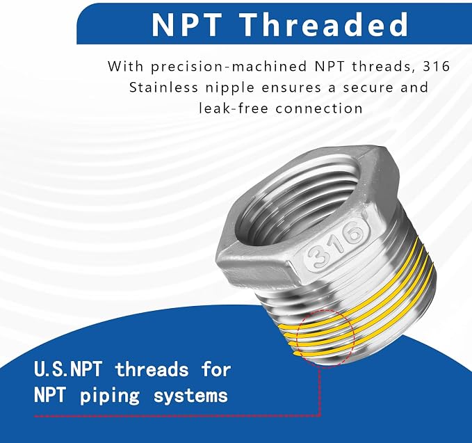 316 Stainless Steel Hex Bushing Reducer, 1/2" NPT Male to 1/4" NPT Female Pipe - Image 4