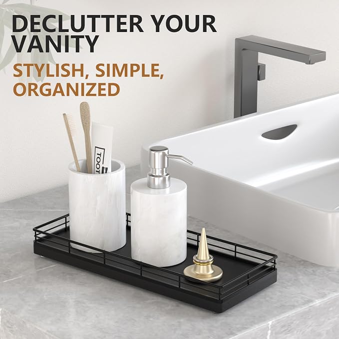 Bathroom Tray for Counter Top Organizer, Oak Wood Vanity Tray | Metal Frame for - Image 3