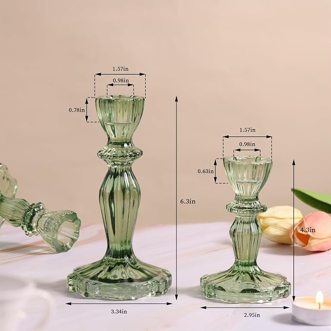 Green Candlestick Holders Set of 6, Glass Taper Candle Holders | 4.3" H & 6.3" H - Image 4