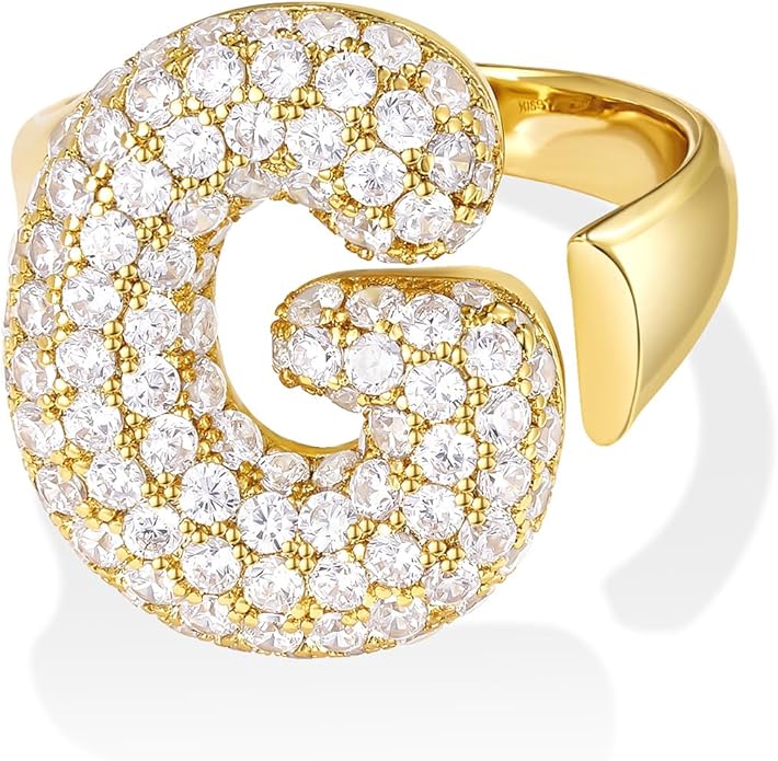 KissYan Bubble Initial Ring Valentines Day Gifts for Women, 14k Gold Plate Balloon Jumbo Letter Rings Open Adjustable Dainty Pave CZ Personalized Fashion Trendy Statement Jewelry