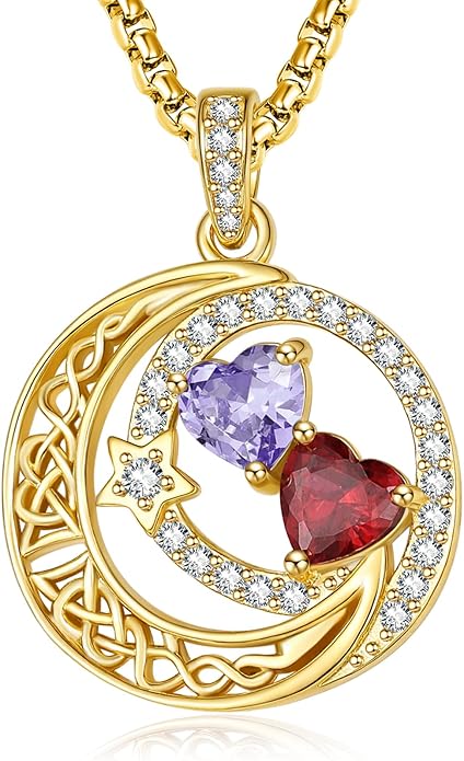 14K Gold Moon and Star Necklace Gifts for Women - Double Heart Birthstone Necklace, Valentines Wedding Anniversary Birthday Gifts for Her Wife Mom Daughter Grandma Sister