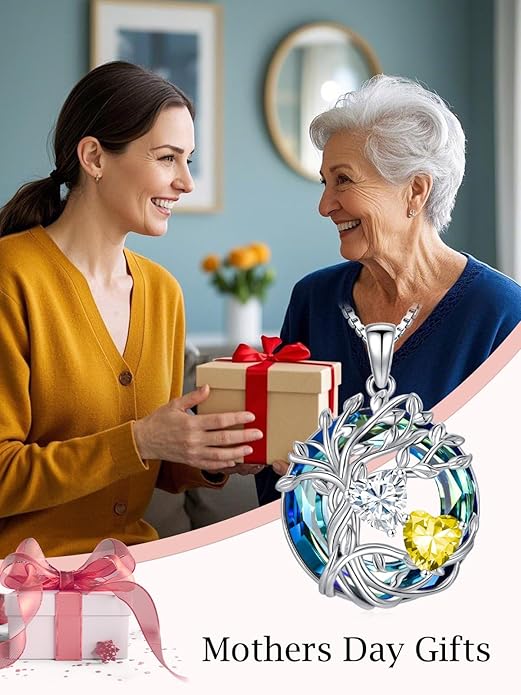 TOUPOP s925 Sterling Silver Family Celtic Tree of Life Pendant Necklaces with 2 Heart Birthstone with Blue Austrian Crystal Jewelry Birthday Valentines Day Gifts for Her, Anniversary Christmas Gifts for Wife Girlfriend Mom (18K Real White Gold Filled)