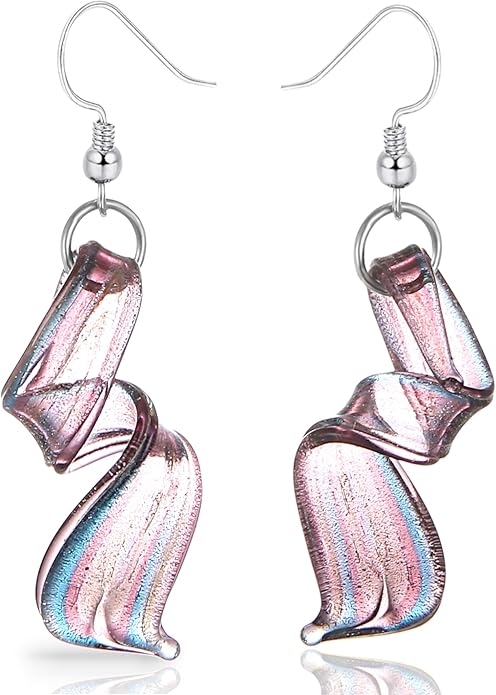 BESHEEK Handmade Murano Inspired Gorgeous Artist Made Pink Purple Blue Twist Glass Dangle Earrings | Handcrafted Blown Hypoallergenic Artisan Lampwork Italian Style Jewelry