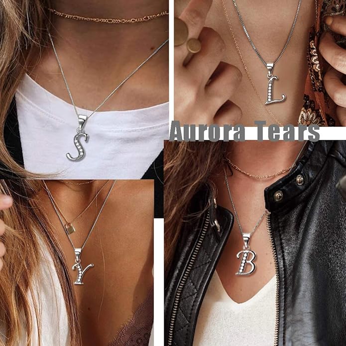 Aurora Tears Letter Necklace Initial 925 Sterling Silver Alphabet Pendant Crystal Name Gift Women Cubic Zirconia Jewelry