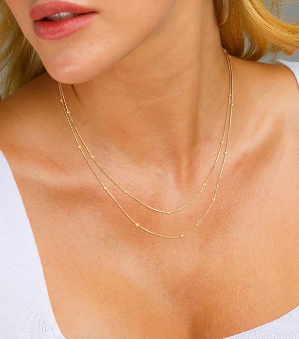 CHESKY 14k Gold Plated/Silver Plated Dainty Necklace for Women, Trendy Satellite Choker Necklace Thin Beaded Layered Choker Necklaces Discs Paperclip Chain Necklaces Womens Simple Jewelry