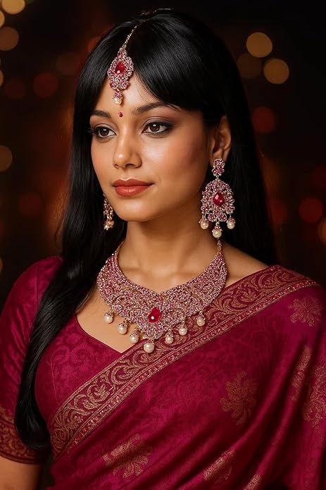 Touchstone Indian jewelry sets for women tikka wedding necklace costume guest statement bollywood rhinestones crystal faux pearls gold big royal neck piece set bridal fashion accessories