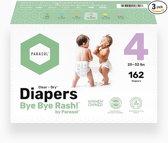 Parasol Clear+Dry Disposable Diapers and Clear+Pure Wipes Kit, RashShield Protection, Size 4 (20-32 lbs), Diaper Bundle of 162 Diapers & 240 Wipes