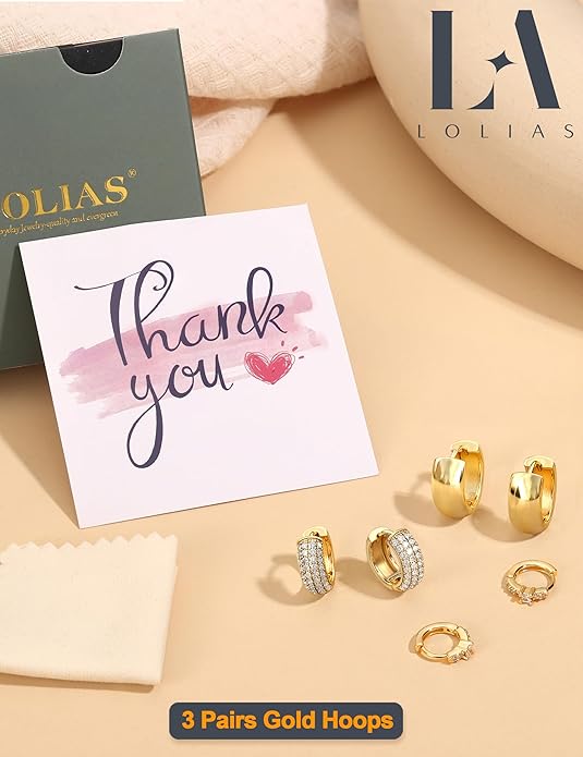 LOLIAS Small 14K Gold Plated Chunky Hoop Earrings for Women Hypoallergenic Silver Earrings Set for Sensitive Ears Non Tarnish Huggie Hoops Earring Stacks for Multiple Piercing Jewelry Lightweight 3Pairs