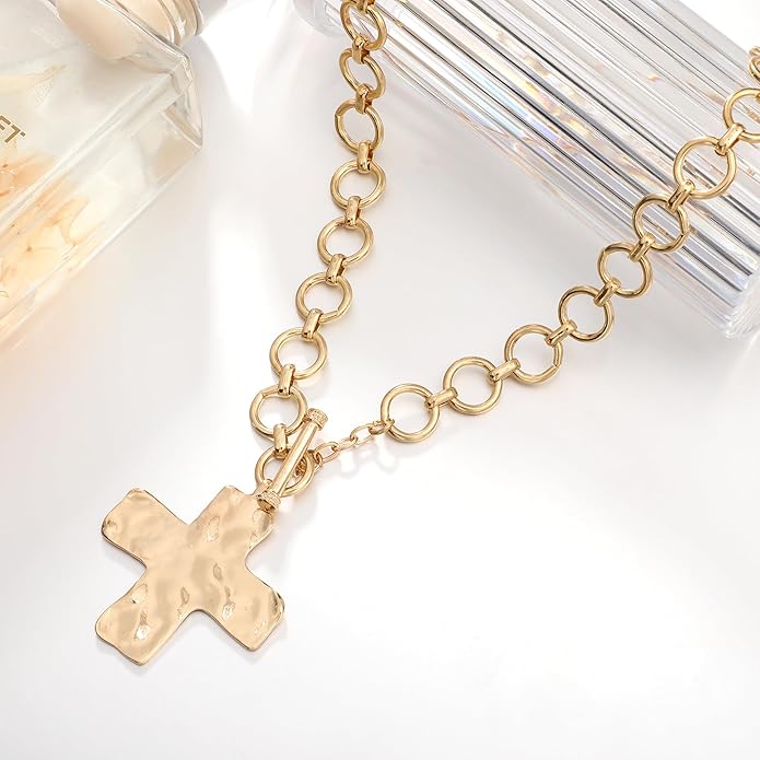 MQV Chunky Statement Gold Hammered Bold Cross Necklace Thick Chain Vintage Chain Pendant Jewelry