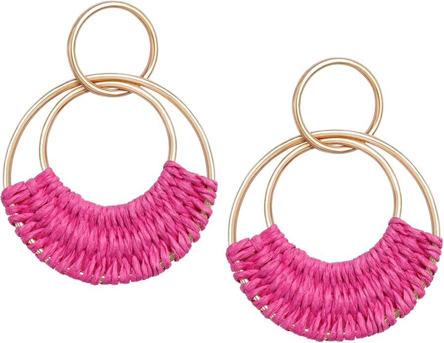 Raffia Hoop Earrings for Women Fun Boho Summer Beach Earrings Lightweight Handmade Straw Wicker Rattan Dangle Earrings Statement Geometric Round Drop Earrings