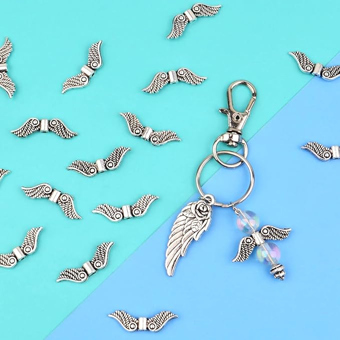 Dahi 200pcs Angel Wing Beads Tibetan Alloy Fairy Wing Charms Wings Spacer Loose Beads Silver Wings Beads for Jewelry Making-DIY Bracelets Earrings Supplies