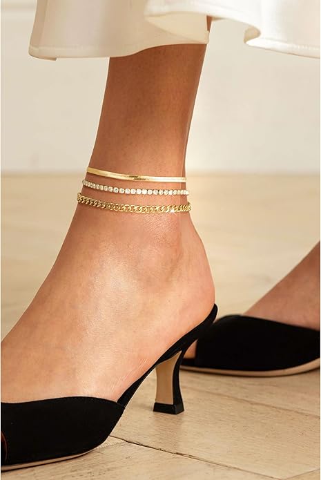DEARMAY Dainty 14K Gold Plated Ankle Bracelets for Women, Waterproof 14K Gold Plated Link Chain Anklets Non Tarnish Set Pack Summer Beach Jewelry Gift