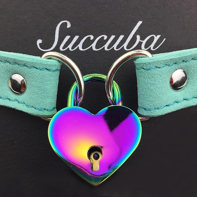 Succuba Padlock Choker Collar Necklace with Lock and Key Heart Lock Choker for Women and Men (F, 16)