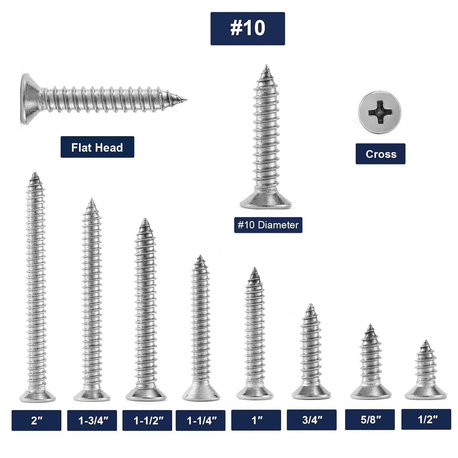 #10 x 1-1/4" Wood Screw 100Pcs 18-8 (304) Stainless Steel Screws Flat Head Phillips Fast Self Tapping Drywall Screws by SG TZH