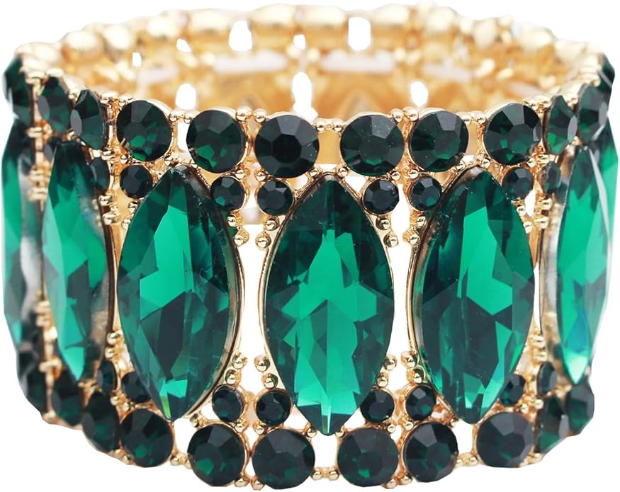 Women’s Elegant Wedding Bridal Crystal Double Row Marquise-Shape Leaf Stretch Bangle Bracelet Bride Jewelry for Women