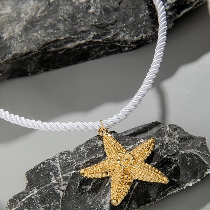 Starfish Necklace for Women,Vintage Gold Starfish Pendant Necklace Boho Colorful Rope Necklace Beach Party Classic Accessory