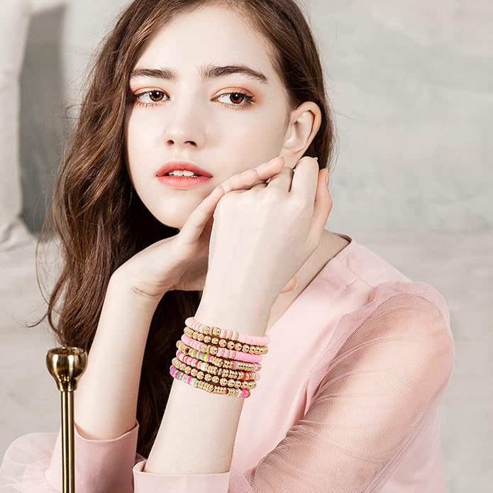 GOOJIDS Surfer Heishi Clay Bead Bracelets for Women Bohemian Stackable Gold Plated Beaded Stretch Bracelets Elastic Layering Friendship Bracelets Set Boho Jewelry