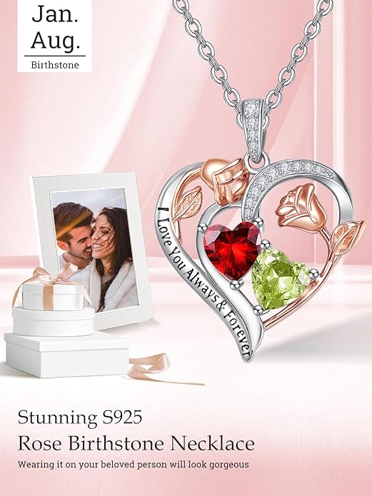 Valentine's Day Gifts for Wife 925 Sterling Silver Double Birthstone Pendant Necklaces I Love You for Always and Forever Necklace Anniversary Birthday Gifts for Wife Girlfriend Mom Her