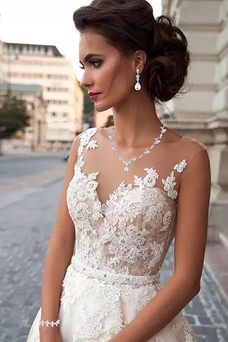 Bridal Wedding Elegant Floral Jewelry Set for Women/Brides/Bridesmaids Crystal Jewelry Set for Wedding Prom Party Bridal Crystal Necklace Earrings Bracelet Set