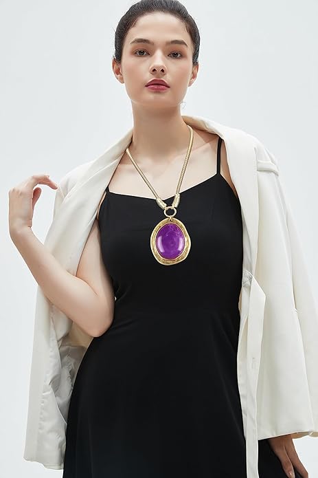 GelConnie Leather Necklace for Women Large Pendant Long Brown Necklace Circle Leather Choker Vintage Sweater Necklace Gold Chunky Boho Necklaces for Women