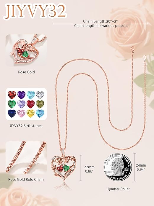 Rose Heart Necklaces for Women, Rose Gold Forever Love Jewelry with 2 Birthstones Pendant,Valentines Anniversarry Birthday Gifts for Her Wife Mom Grandma Daughter, 18+2 Inch Chain