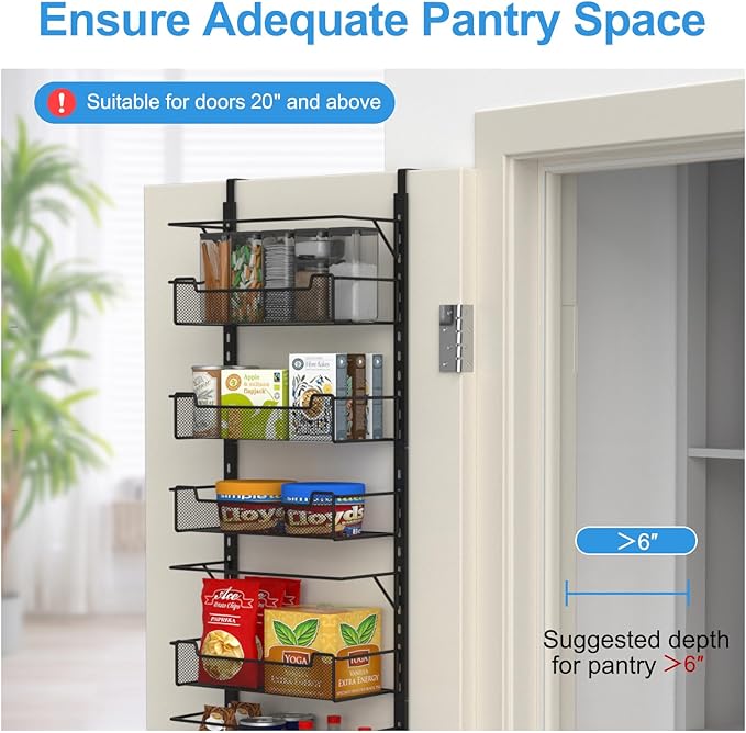 Over the Door Pantry Organizer, 8-Tier Over the Door Organizer with Adjustable Basket, Pantry Door Organization for Pantry Kitchen Storage Room Spice Rack, Black