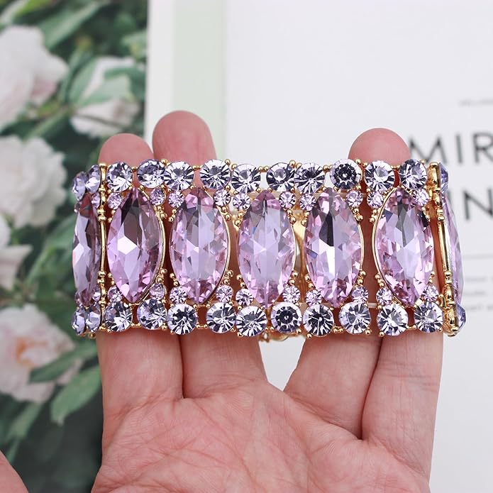 Women’s Elegant Wedding Bridal Crystal Double Row Marquise-Shape Leaf Stretch Bangle Bracelet Bride Jewelry for Women