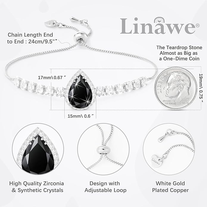 Linawe Crystal Imitation Diamond Rhinestone Charm Bracelets for Women, Gold/Silver/Rose Gold Adjustable Chain Bracelet, Teardrop Birthstone Cubic Zirconia Prom Costume Wedding Jewelry
