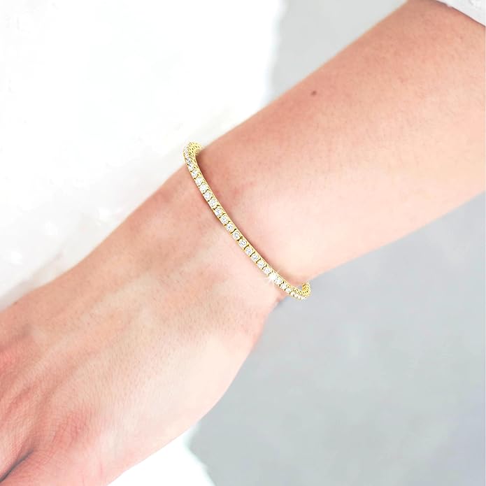 5 Carat - 10 Carat Lab Grown Diamond Tennis Bracelet | 14K Yellow Gold Four prong Link Tennis Bracelet Size 6.5 To 8 inch | D-E color and VS1 clarity