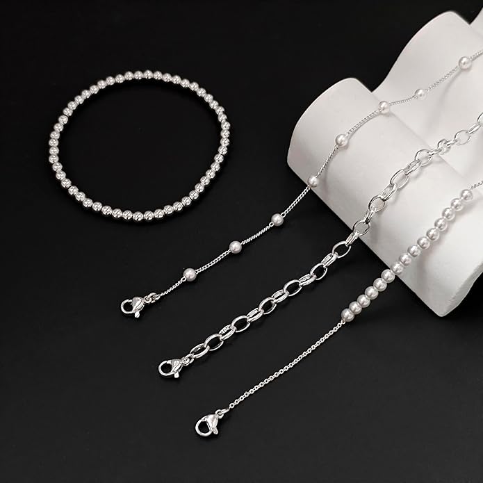 Zeffy Gold Pearl Beaded Bracelet for Women, 14K Gold Plated Jewelry Set With Paperclip Link Chain, Trendy Stack Bracelets