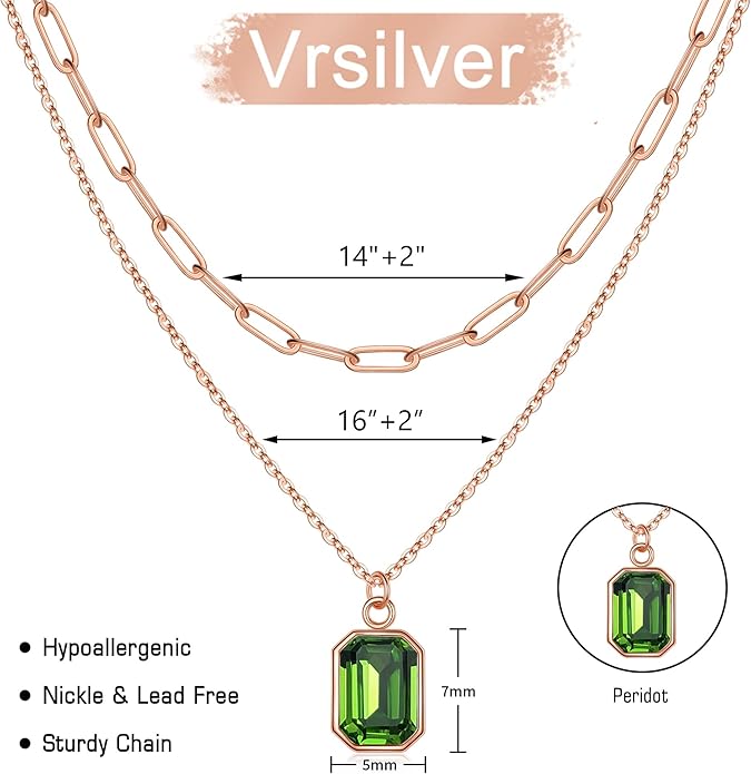 Layered Birthstone Necklace for Women Girls, 14K Gold-Plated Paperclip Chain Choker Necklace with Rectangle Birthstone Pendant Birthday Gifts for Women Girls Dainty Small