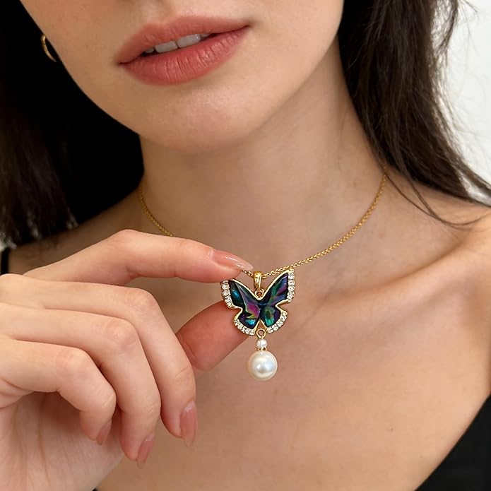 Pearl Pendant Necklaces for Women Gold, Elegant Gold butterfly Necklace for Formal Occasions-Freshwater Cultured Pearl