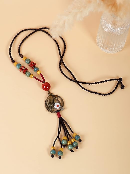 MINACHI Boho Hippie Colorful Ceramic Beads Strand O Ring Circle Charm Long Y Necklace, Vintage Bohemian Statement Jewelry Gift for Women