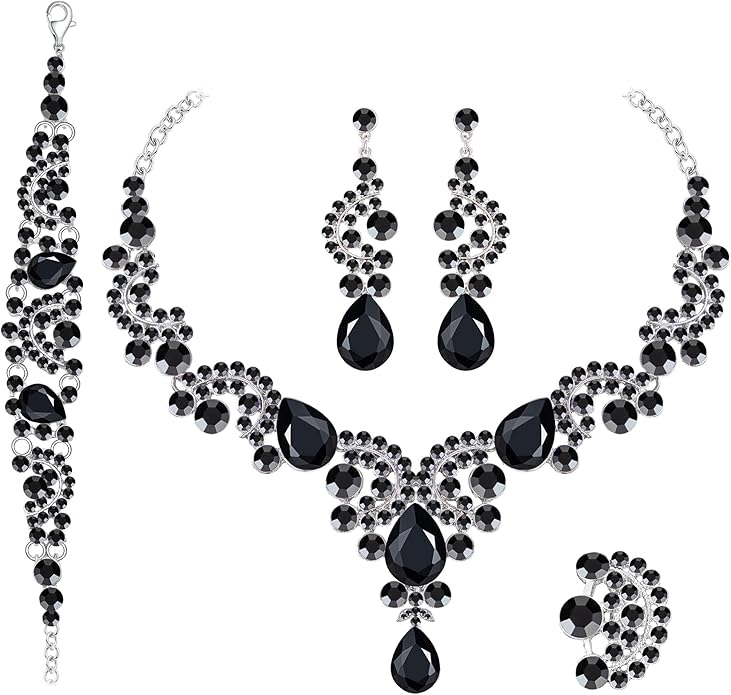 Crystal Bridal Wedding Jewelry Sets for Women Rhinestone Teardrop Crystal Statement Choker Necklace Drop Earrings Link Bracelets Rings Teardrop Jewelry Set for Brides Bridesmaids