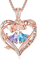 Rose Heart Necklaces for Women, Rose Gold Forever Love Jewelry with 2 Birthstones Pendant,Valentines Anniversarry Birthday Gifts for Her Wife Mom Grandma Daughter, 18+2 Inch Chain