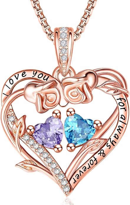 Rose Heart Necklaces for Women, Rose Gold Forever Love Jewelry with 2 Birthstones Pendant,Valentines Anniversarry Birthday Gifts for Her Wife Mom Grandma Daughter, 18+2 Inch Chain