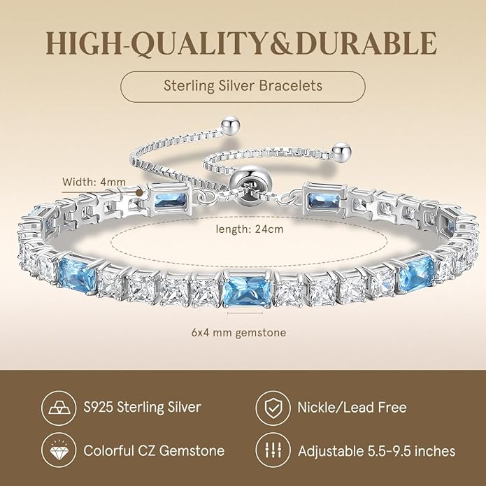 FANCIME Birthstone Bracelet for Women, Sterling Silver 4x6mm Gemstone Tennis Bracelet Bolo Adjustable Chain Fine Jewelry Birthday Gifts for Women Mom Wife Her